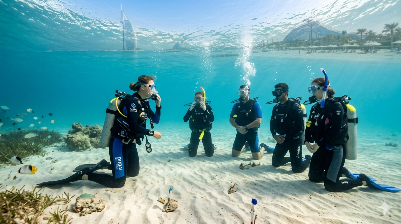 Happy diver holding PADI certification after completing open water diving course in Dubai