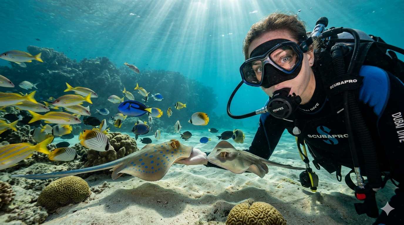 Scuba diver observing marine life including fish and rays in the Arabian Gulf near Dubai