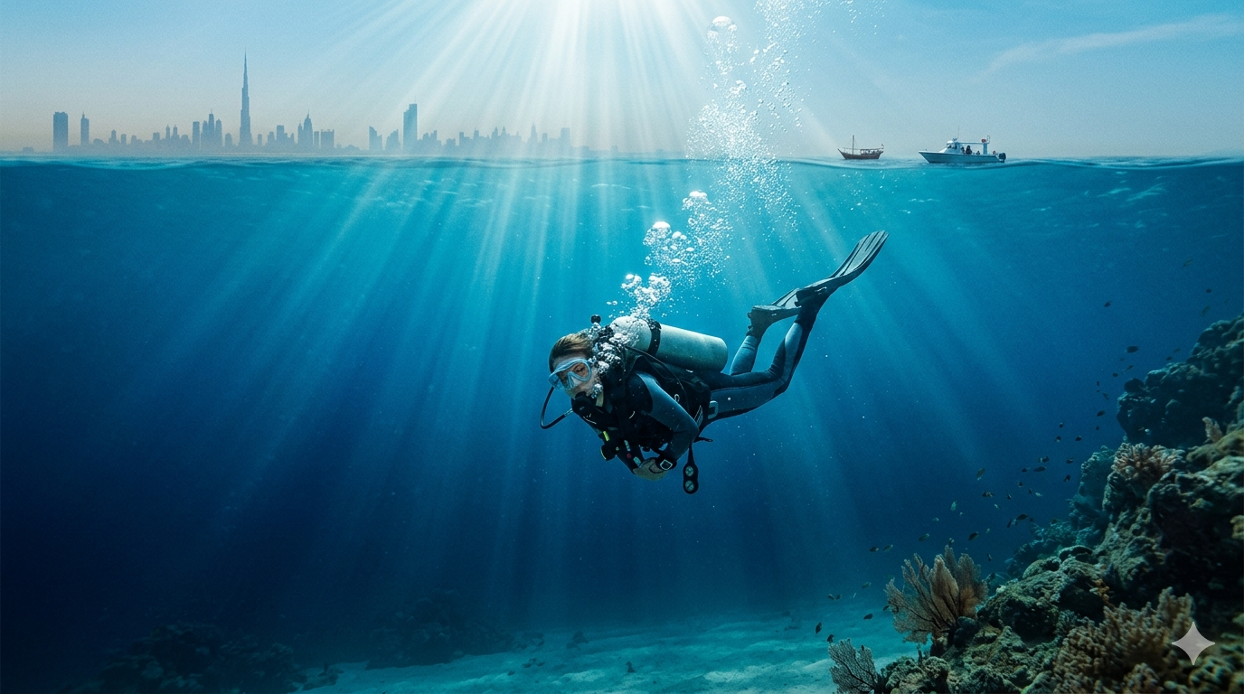 Scuba diver descending into clear waters near Dubai coast with dive boat on surface and skyline in distance