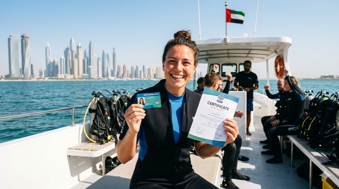 Happy diver holding PADI certification after completing open water diving course in Dubai